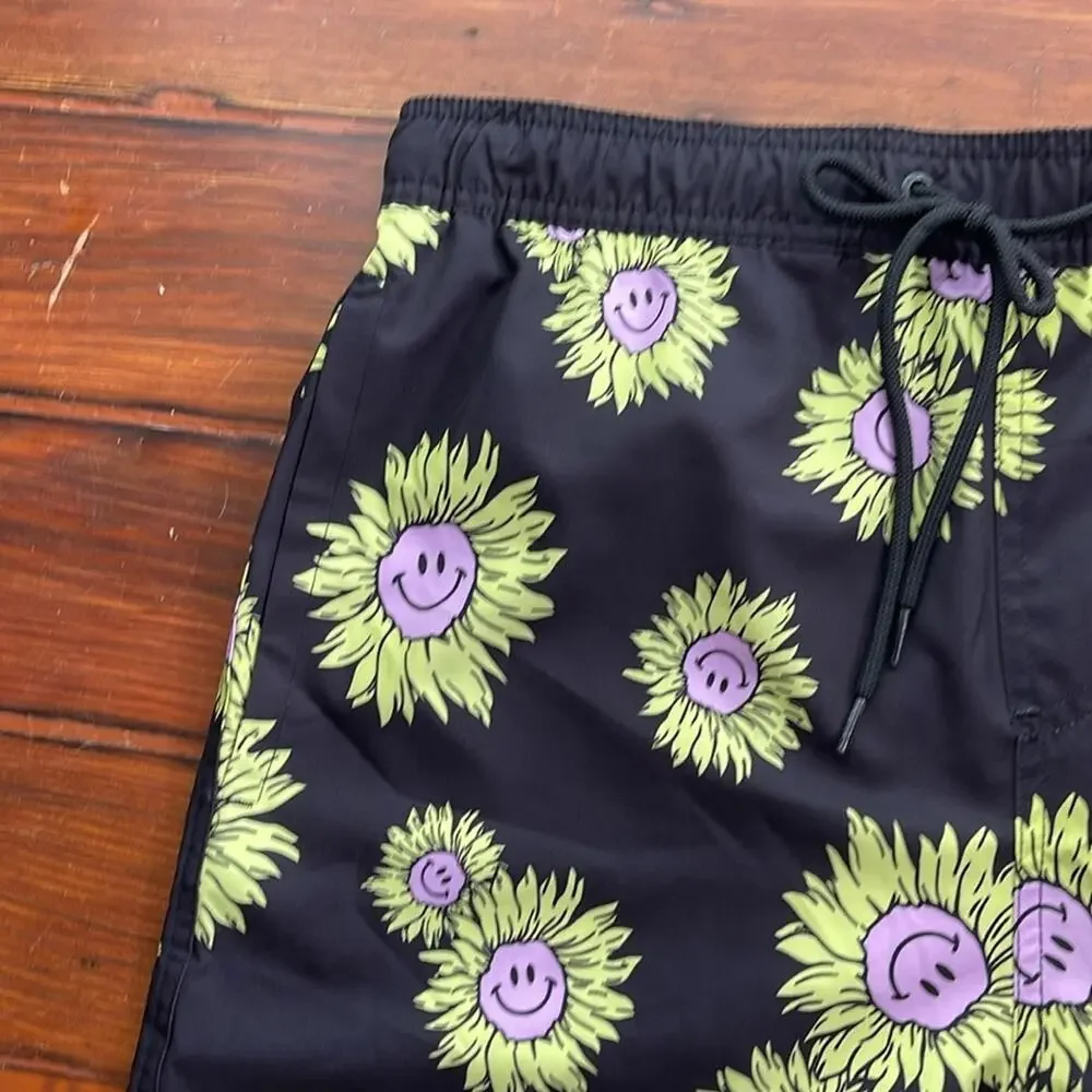 NEFF smiley face sunflower print unlined elastic waist pull on swim trunks sz L